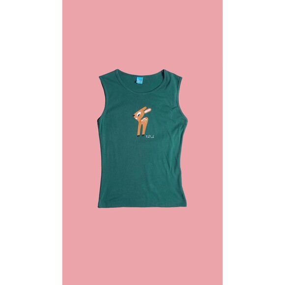 Y2K. PAUL FRANK Hunter Green Sleeveless Deer Fawn Tank Top. Muscle Tee. XS-S - Picture 1 of 8